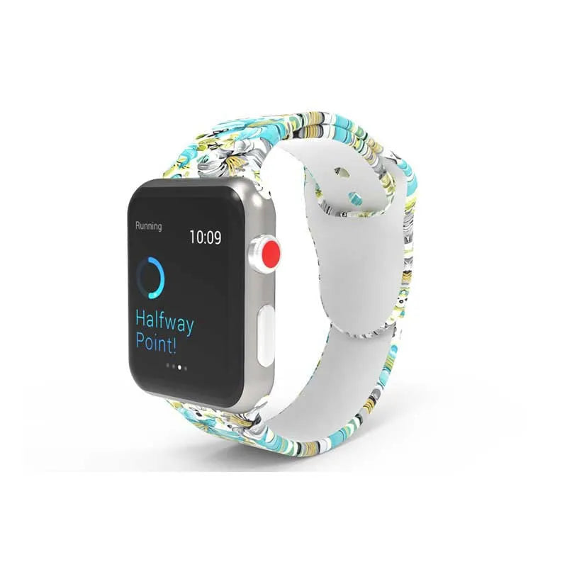 Colourful tie-dye patterned silicone strap for Apple Watch with adjustable buckle.