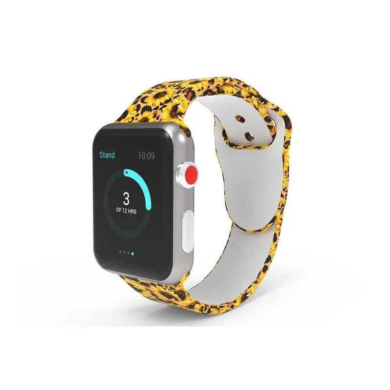 Colourful tie-dye patterned silicone strap for Apple Watch with adjustable buckle.