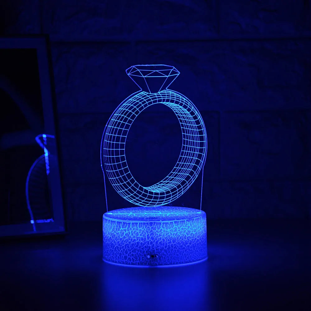 3D diamond ring LED night light with laser engraved acrylic panel showing colour changing illumination