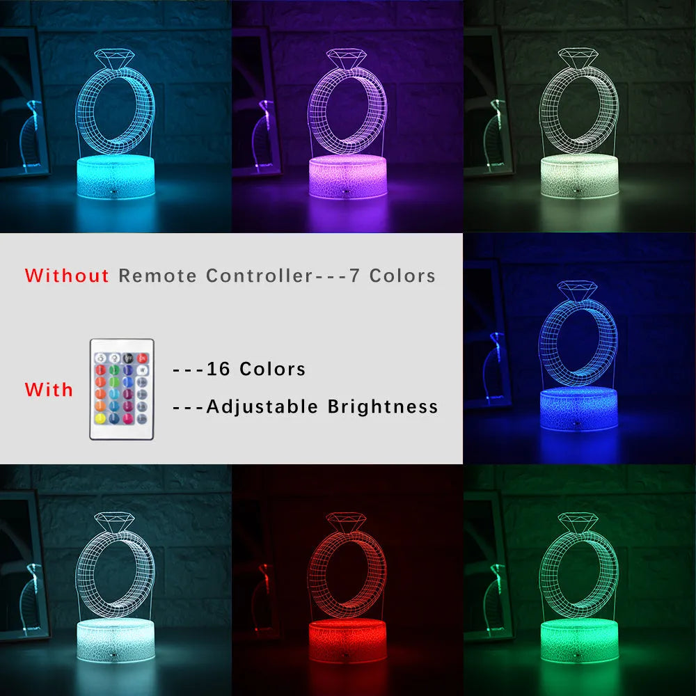 3D diamond ring LED night light with laser engraved acrylic panel showing colour changing illumination