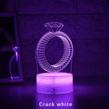 3D diamond ring LED night light with laser engraved acrylic panel showing colour changing illumination
