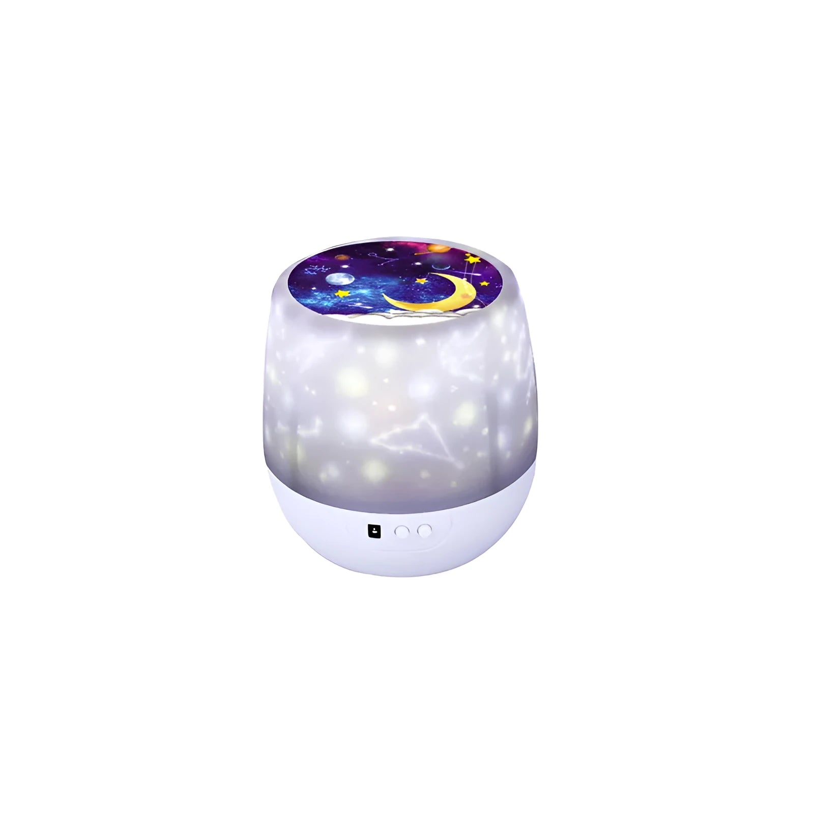 Pruixin rotating LED projector night light showing starry sky pattern projection on a wall.