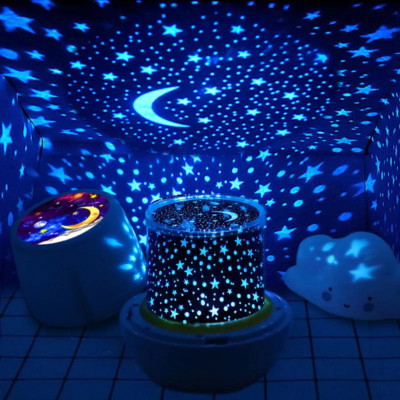 Pruixin rotating LED projector night light showing starry sky pattern projection on a wall.
