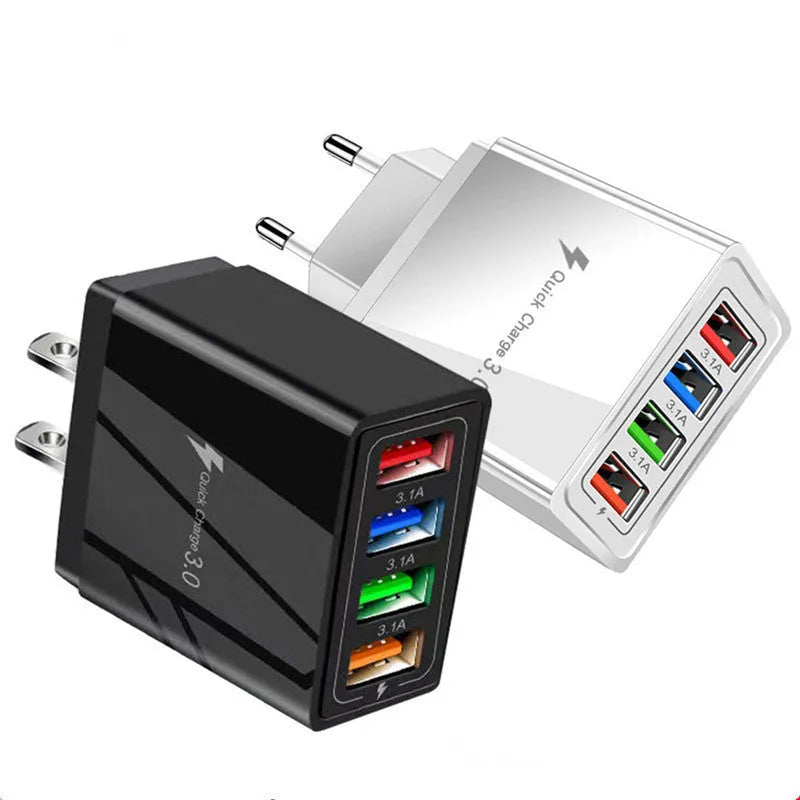 A 4-port USB wall charger with a luminous light, shown in dark blue, next to a mobile phone.