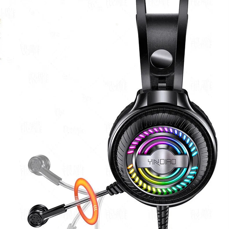Black wired PC headset with microphone, over-ear protein earmuffs, and a long cable with a 3.5mm straight plug.