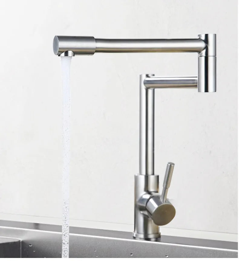 Silver stainless steel kitchen faucet with 360-degree rotating spout and lifting handle
