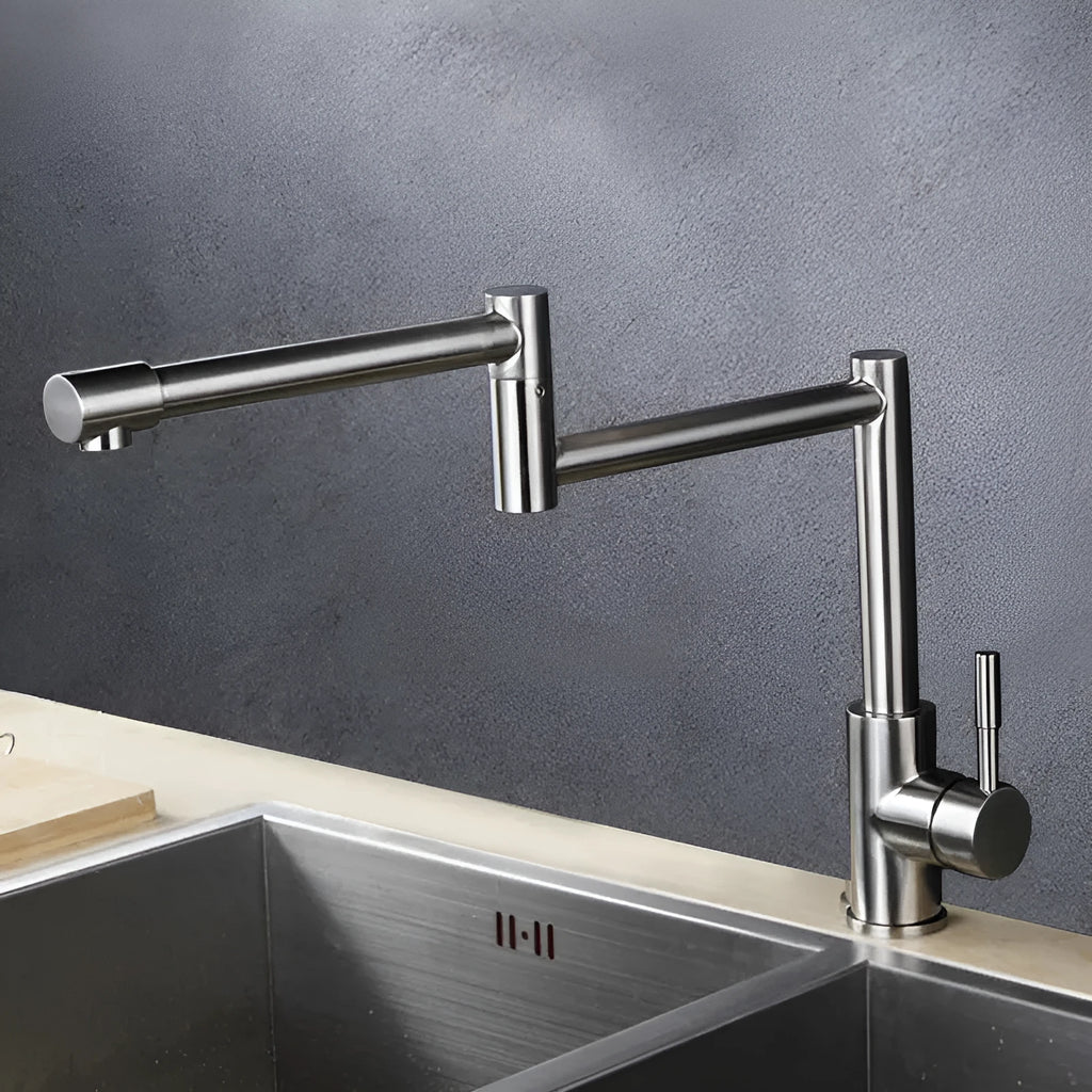 Silver stainless steel dual-open faucet mixer tap with 360-degree rotation and lifting handle