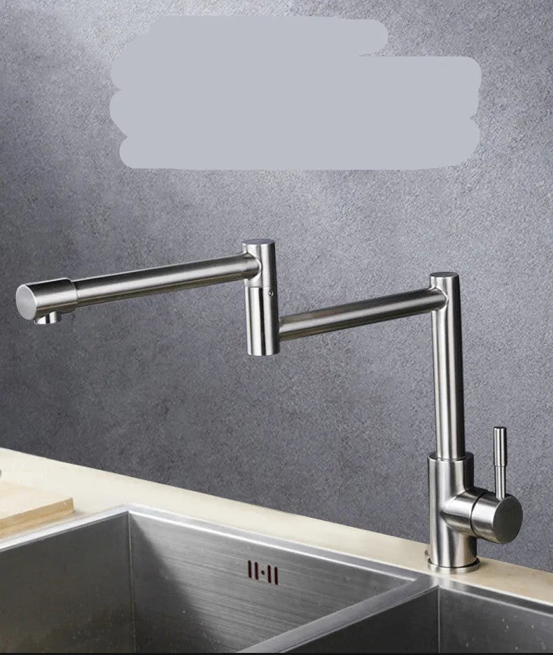 Silver stainless steel dual-open faucet mixer tap with 360-degree rotation and lifting handle