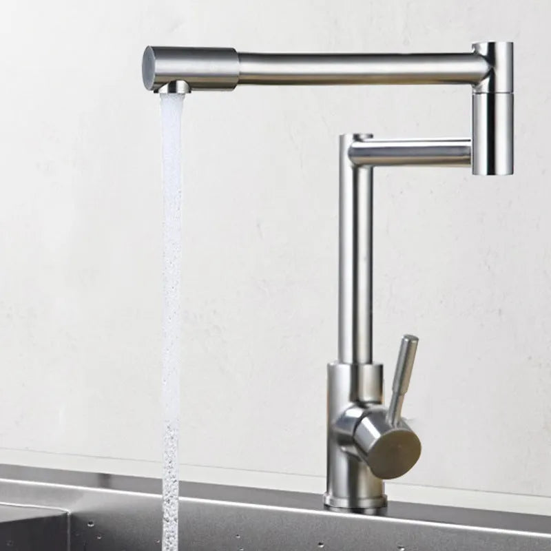 Silver stainless steel dual-open faucet mixer tap with 360-degree rotation and lifting handle