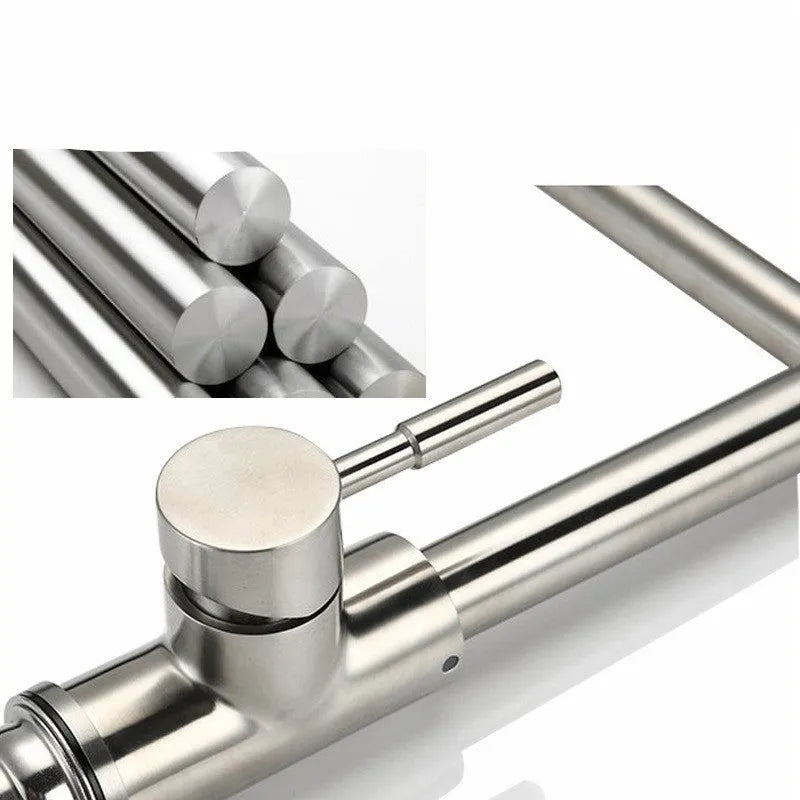 Silver stainless steel dual-open faucet mixer tap with 360-degree rotation and lifting handle