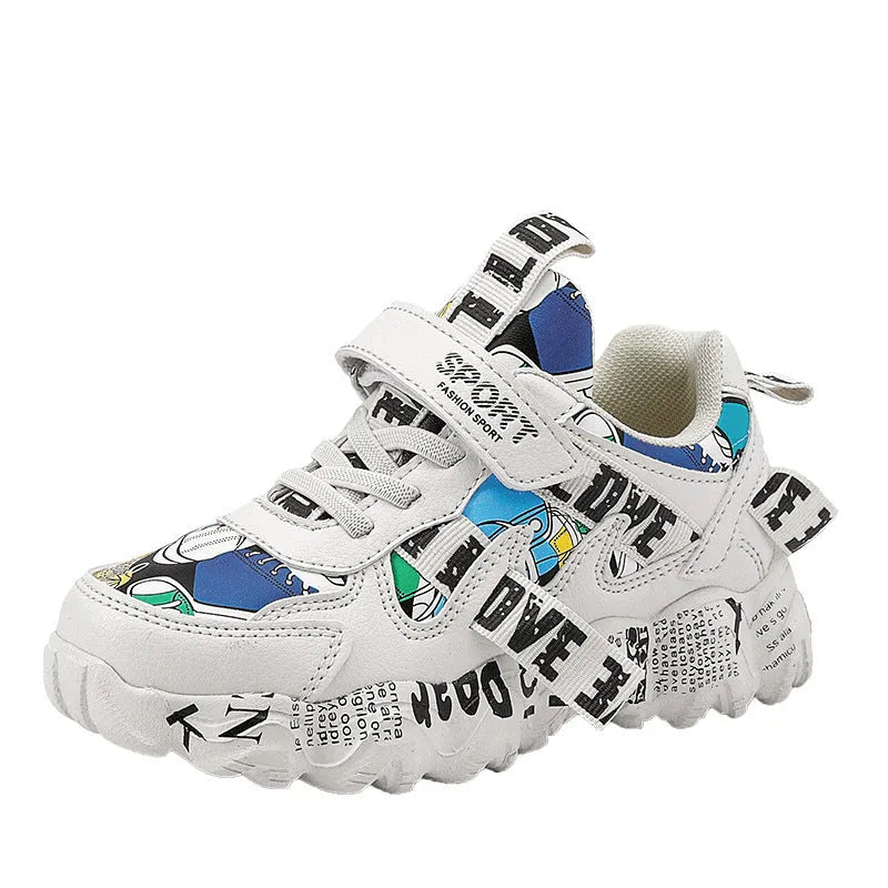 Blue and white boys sports sneakers with velcro strap closure and rubber sole
