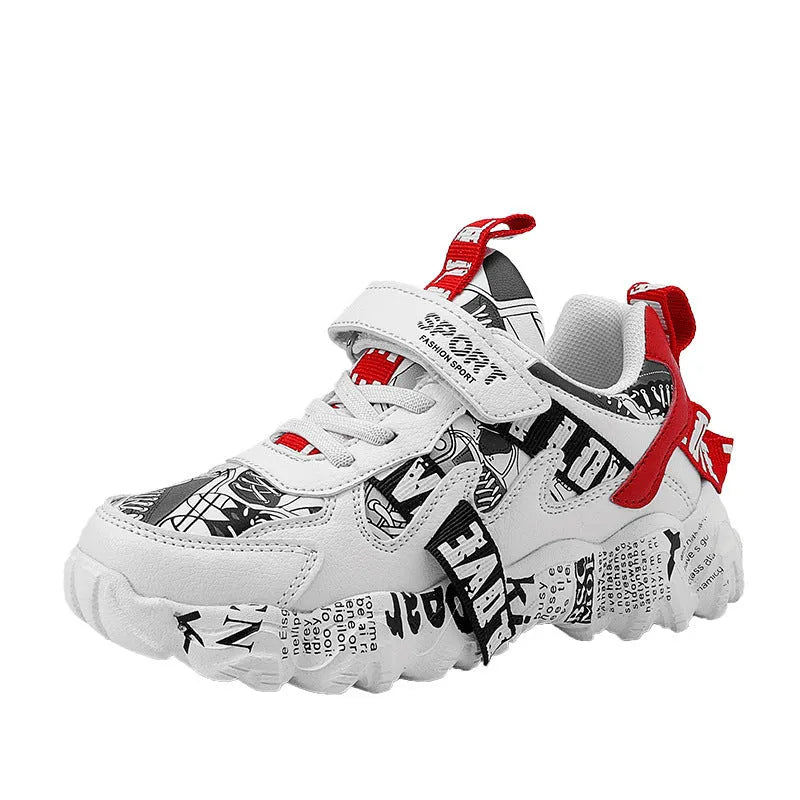 Blue and white boys sports sneakers with velcro strap closure and rubber sole
