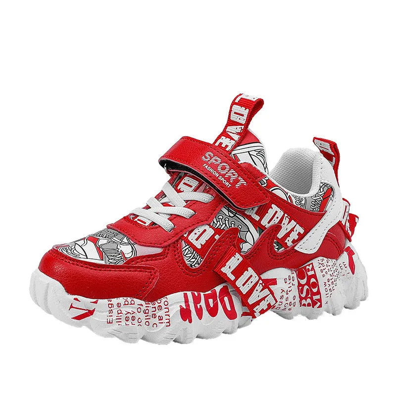 Blue and white boys sports sneakers with velcro strap closure and rubber sole