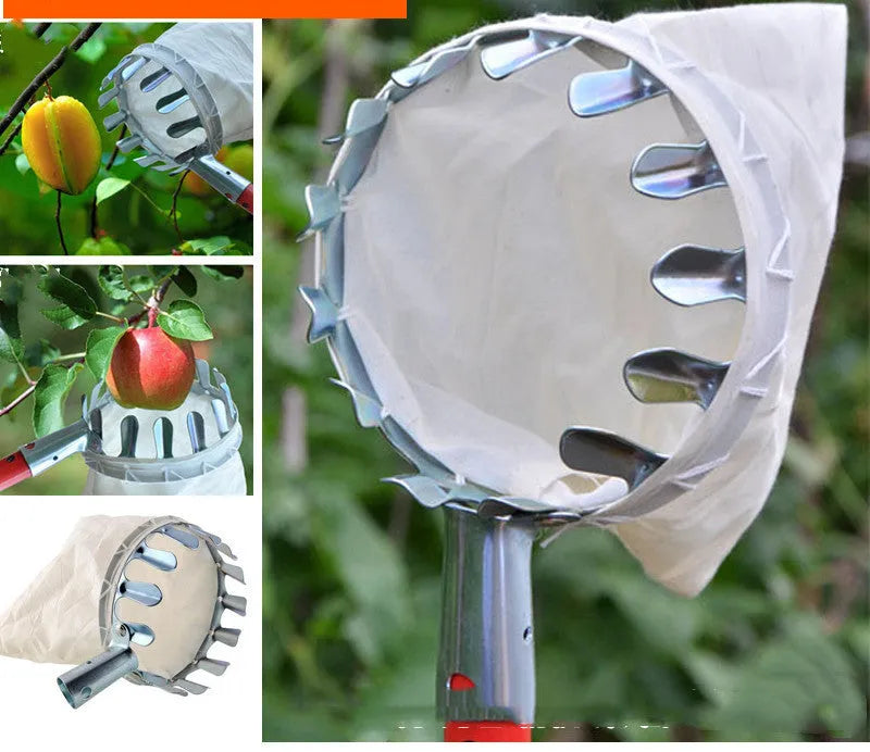 Steel frame fruit picker basket catcher with cloth collection bag for orchard harvesting