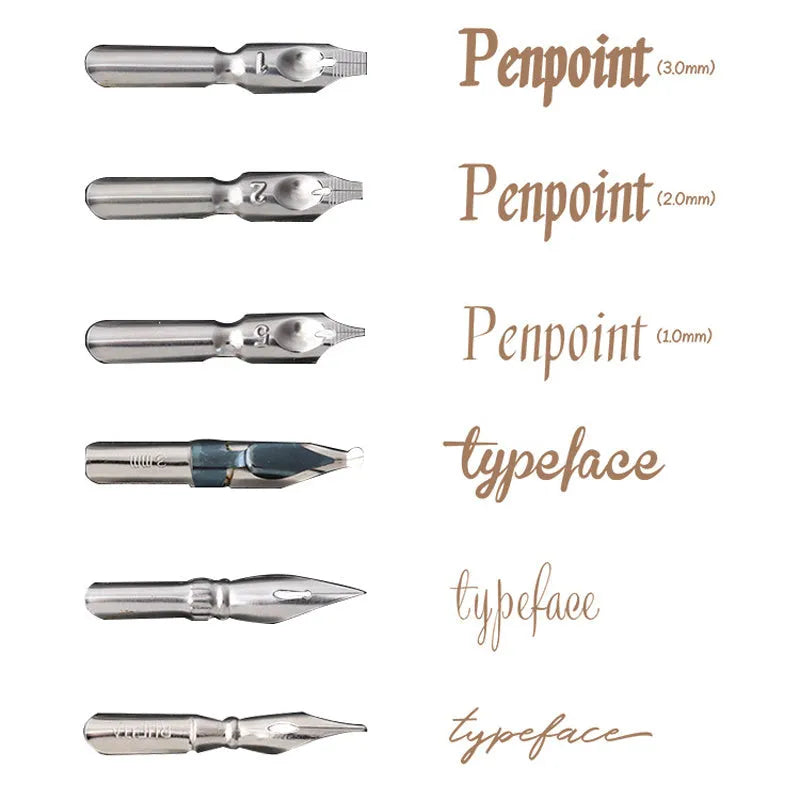 Black and brown calligraphy dip pen with a card of six stainless steel nibs for comic art.