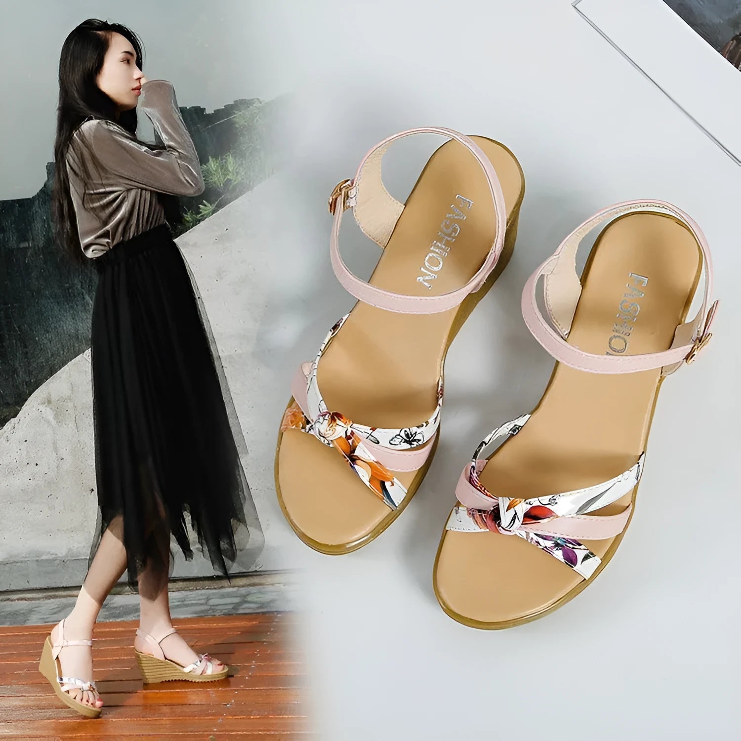 Pink women's wedge heel sandals with a fish mouth toe and buckle strap on a non-slip sole.