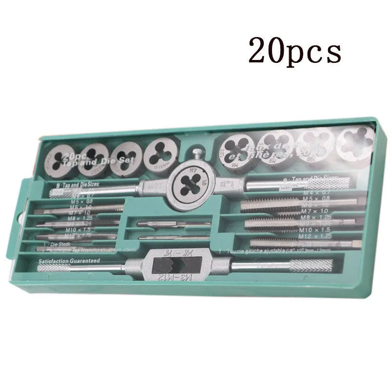 Alloy steel metric hand tap and die set with 20 pieces, shown in silver or titanium-plated finish options.