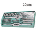 Alloy steel hand tap and die set with silver and titanium-plated metric threading tools.