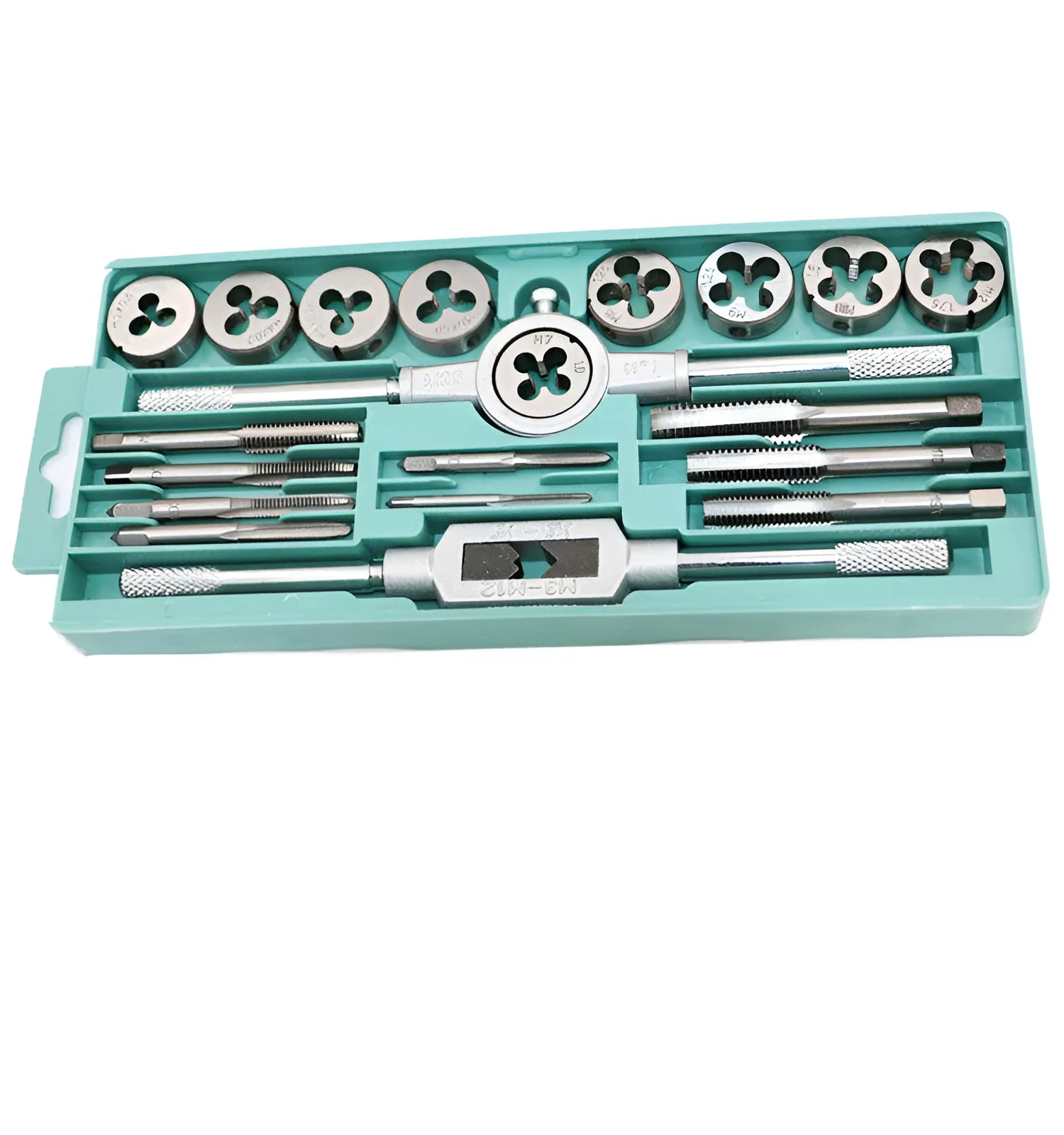 Alloy steel hand tap and die set with silver and titanium-plated metric threading tools.