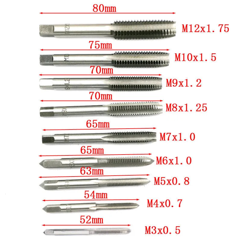 Alloy steel metric hand tap and die set with 20 pieces, shown in silver or titanium-plated finish options.