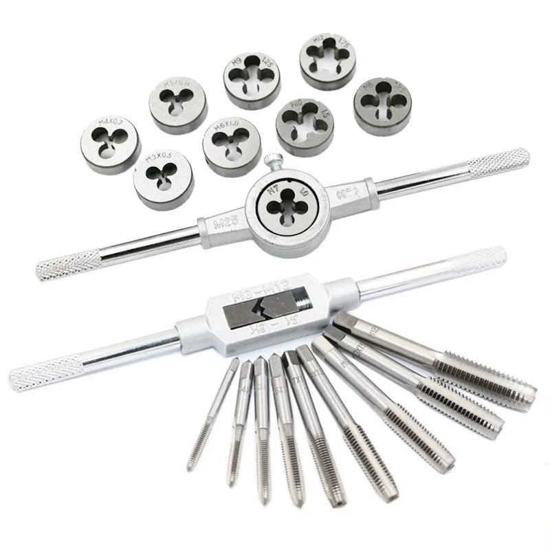 Alloy steel metric hand tap and die set with 20 pieces, shown in silver or titanium-plated finish options.