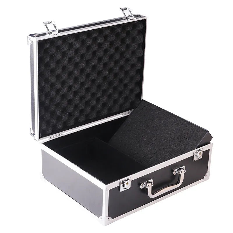 Black aluminium alloy tattoo equipment storage box with latch.