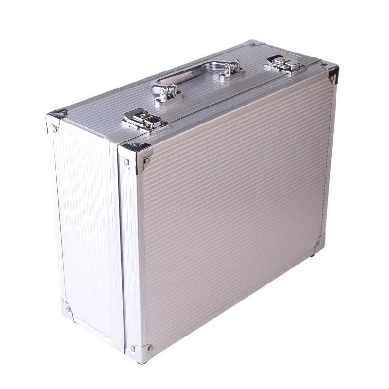 Black aluminium alloy tattoo equipment storage box with latch.