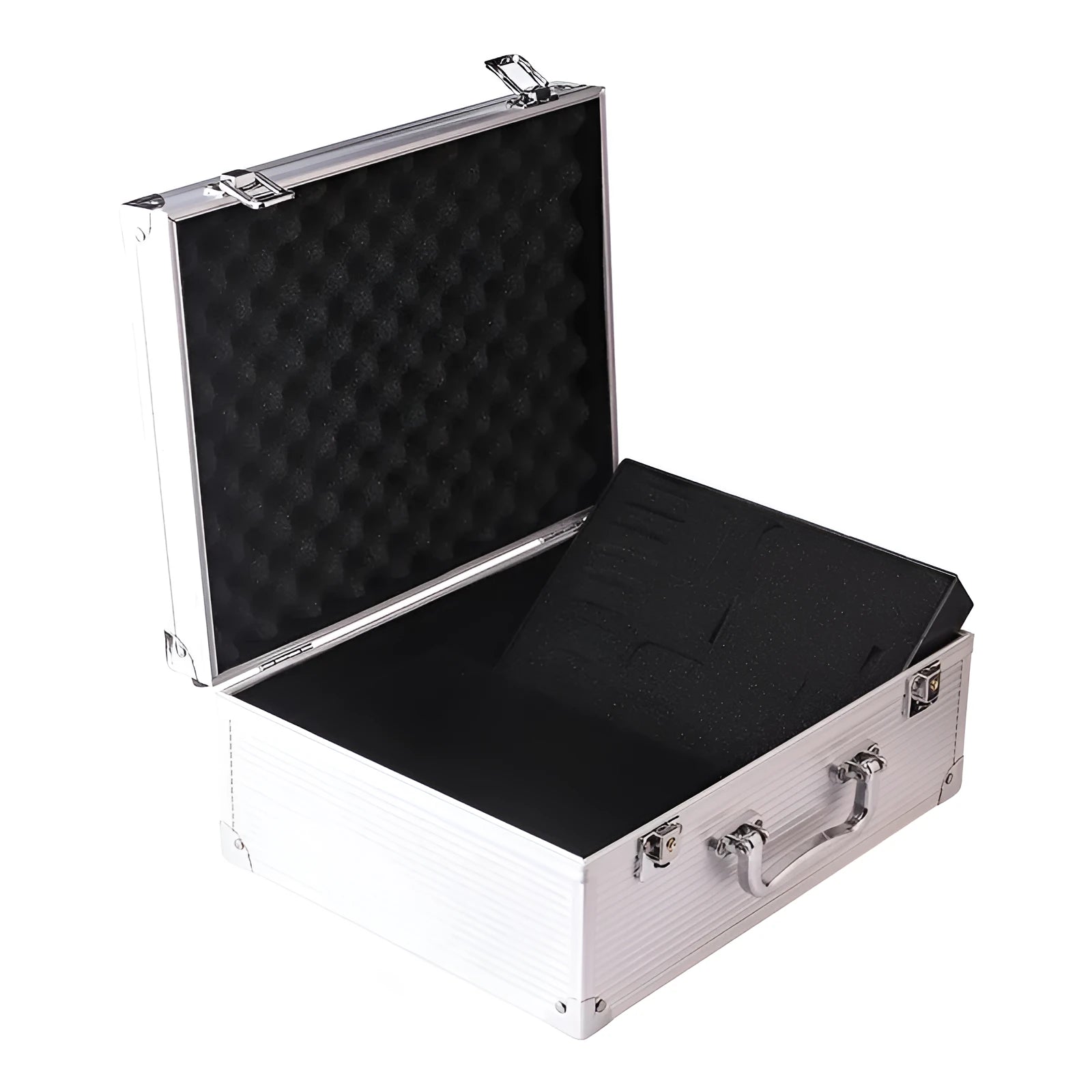 Black aluminium alloy tattoo equipment storage box with latch.