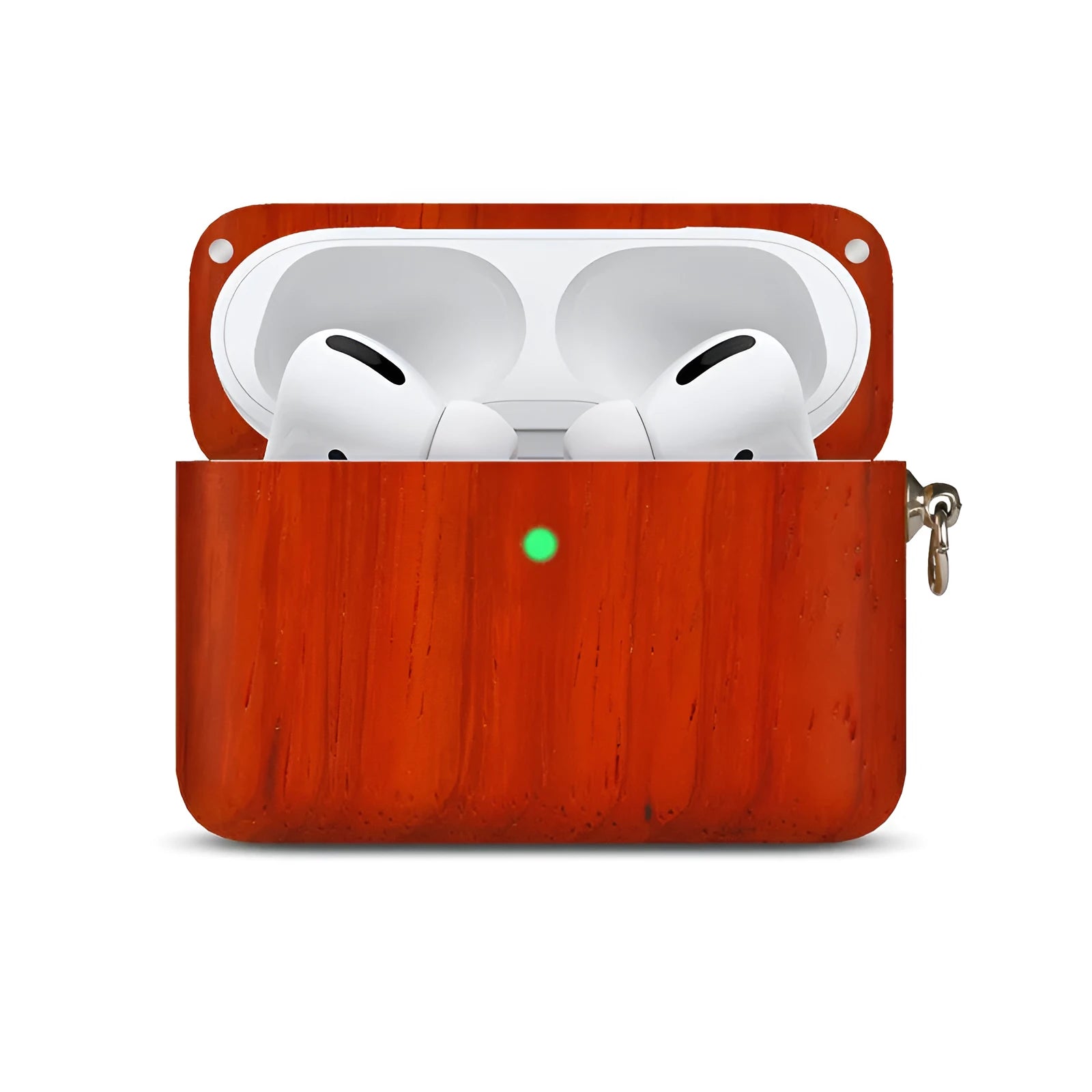 Solid wood log-shaped hard shell case for Bluetooth wireless earphones.