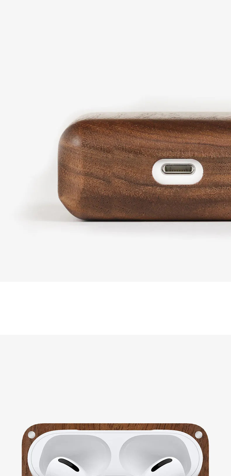 LZL W1-1 wireless Bluetooth earphones with a wooden hard shell case, compatible with Apple iPhones.