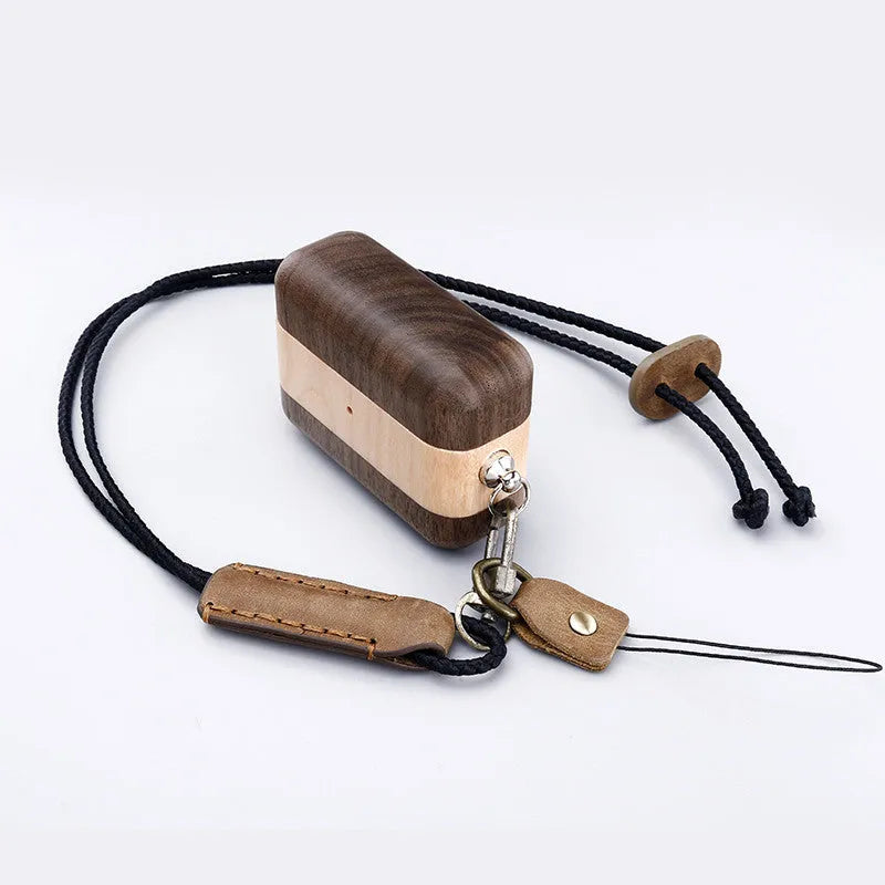 LZL W1-1 wireless Bluetooth earphones with a wooden hard shell case, compatible with Apple iPhones.
