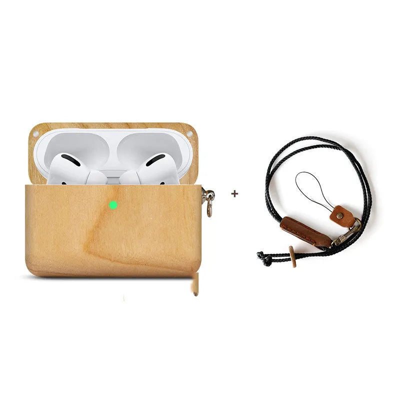 LZL W1-1 wireless Bluetooth earphones with a wooden hard shell case, compatible with Apple iPhones.