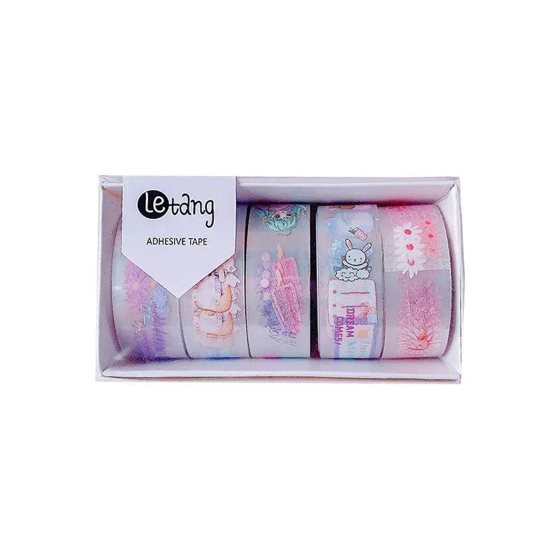 Pack of Japanese washi paper tape stickers in 1.5cm width with cartoon designs of dinosaurs, ducks, girls with rabbits, and lucky cats.