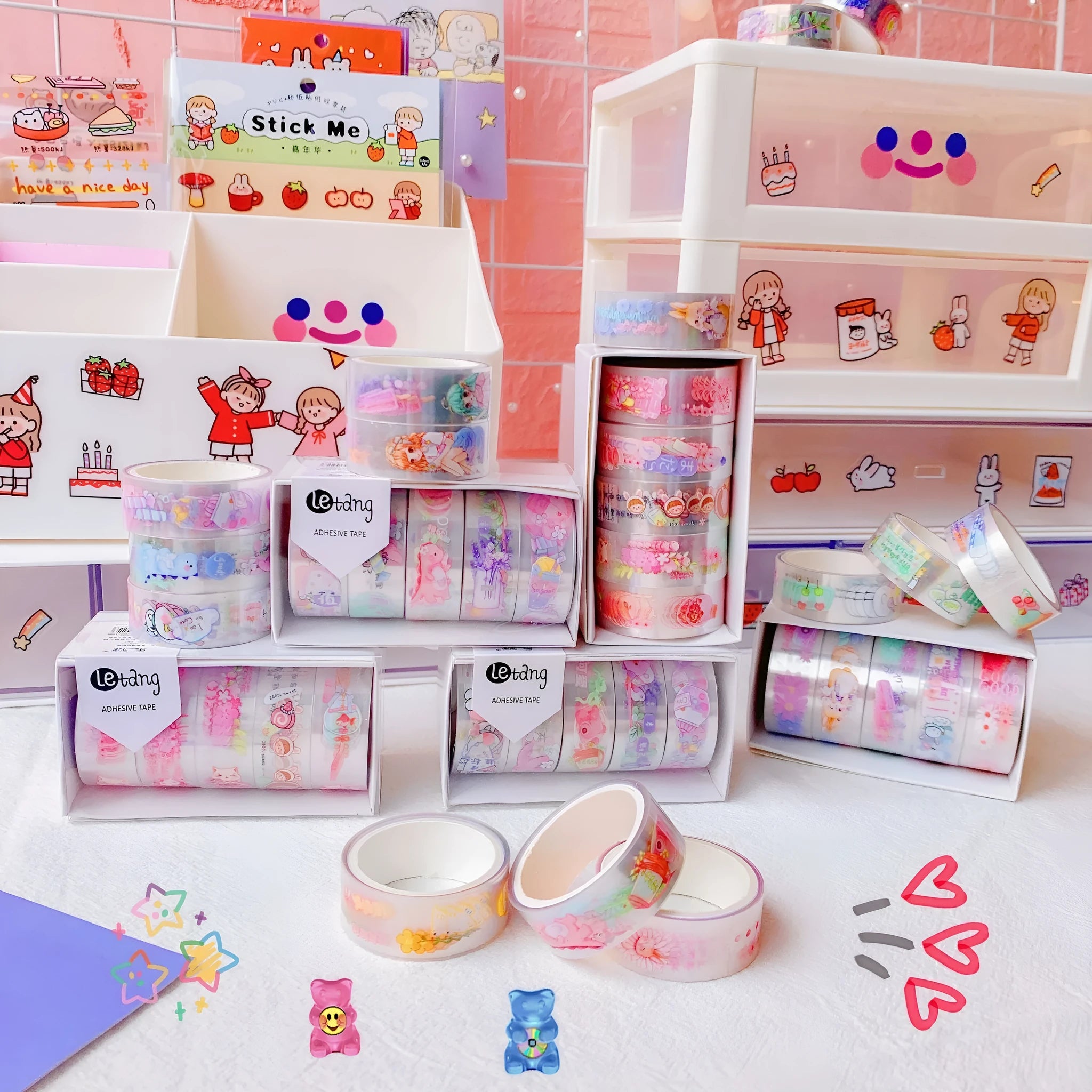 Pack of Japanese washi paper tape stickers in 1.5cm width with cartoon designs of dinosaurs, ducks, girls with rabbits, and lucky cats.