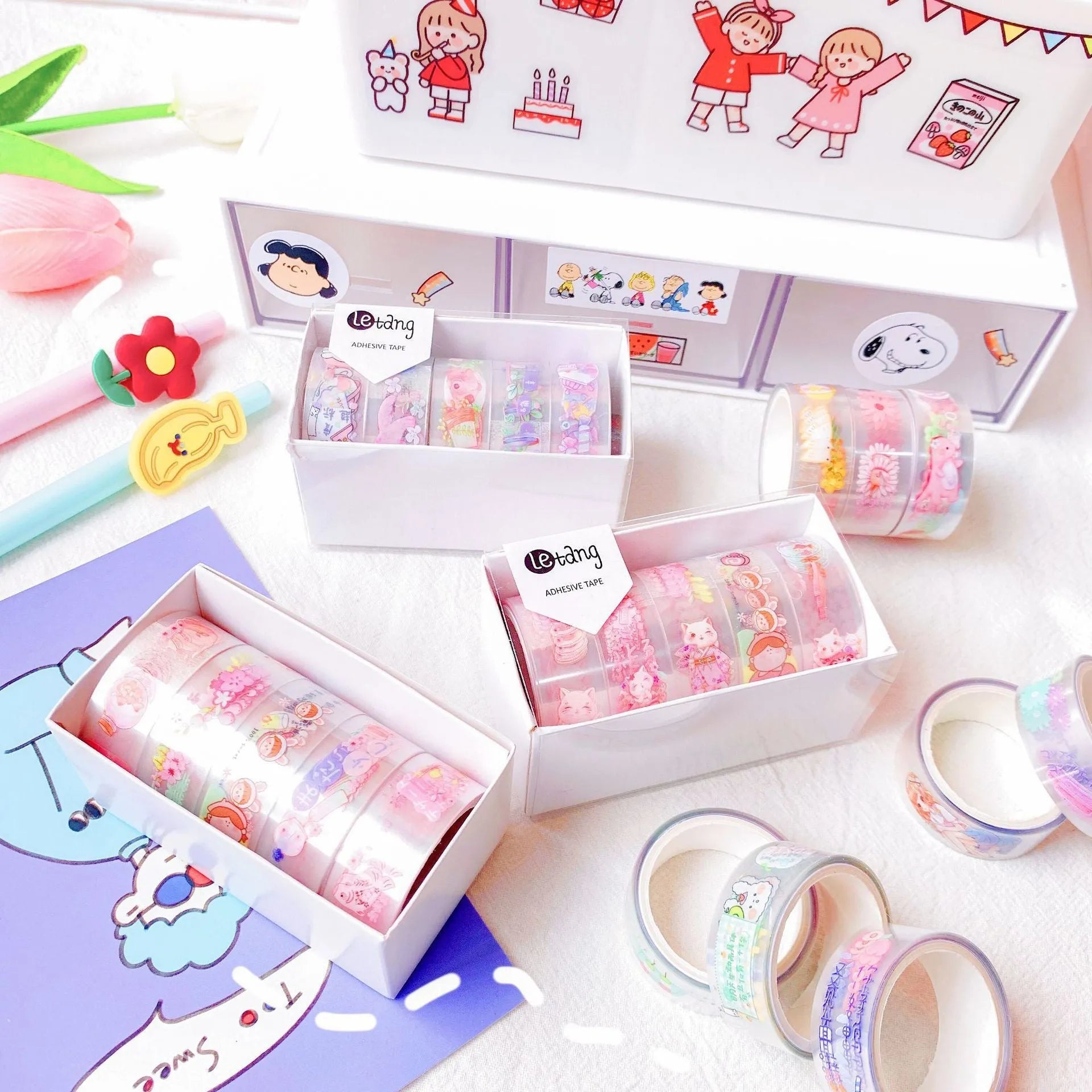 Pack of Japanese washi paper tape stickers in 1.5cm width with cartoon designs of dinosaurs, ducks, girls with rabbits, and lucky cats.