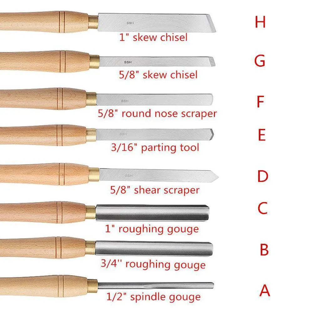 Eight chrome vanadium steel woodturning chisels presented in a wooden storage box with lid open.