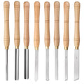 High-end eight-piece chrome vanadium steel turning tool set presented in a wooden storage box.