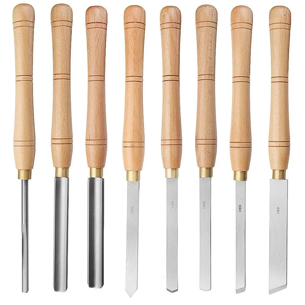 High-end eight-piece chrome vanadium steel turning tool set presented in a wooden storage box.