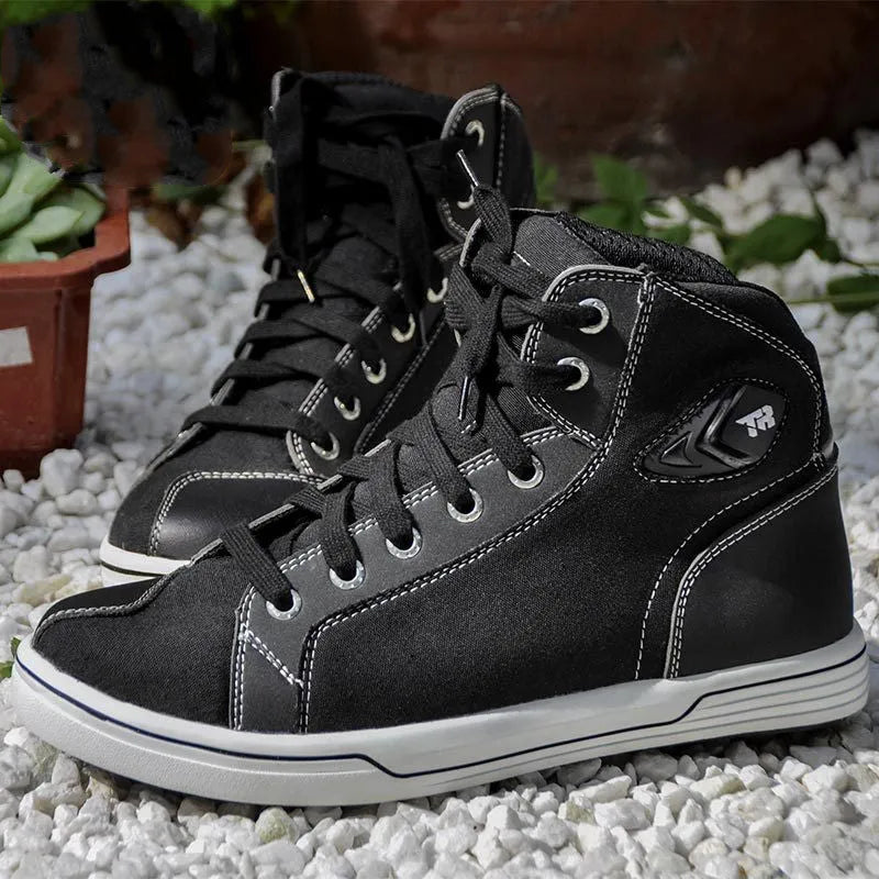 Men's black and grey breathable motorcycle casual short boots on a white background.