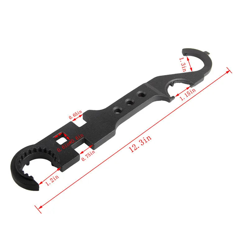 Black AR15 M4 combination wrench made from 40Cr steel with dual-purpose design for firearms maintenance