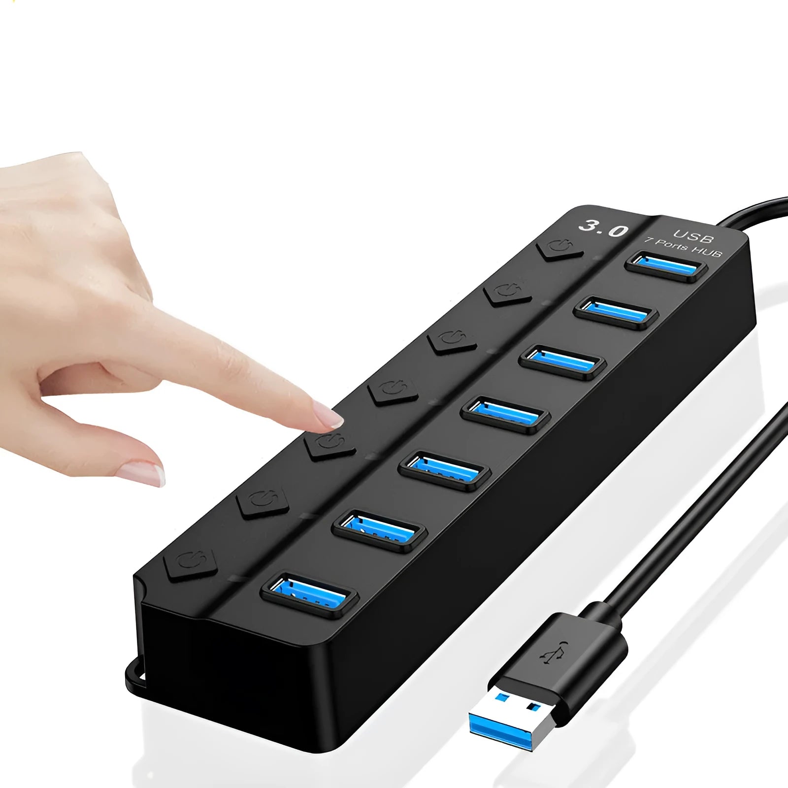 Black 7-port USB 3.0 hub with external power supply on a desk.