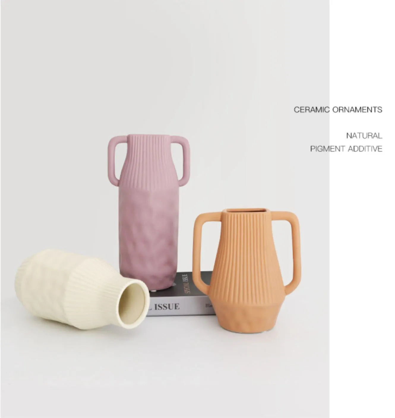 Nordic style hammer ceramic vase in white pottery with colour glaze, 20cm tall.