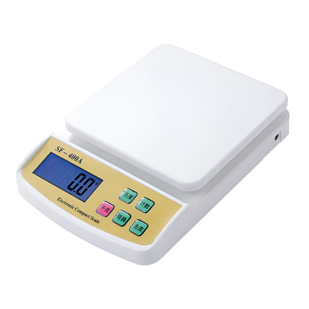 SF-400A electronic kitchen scale with digital display, 10kg capacity, and battery compartment for AA batteries