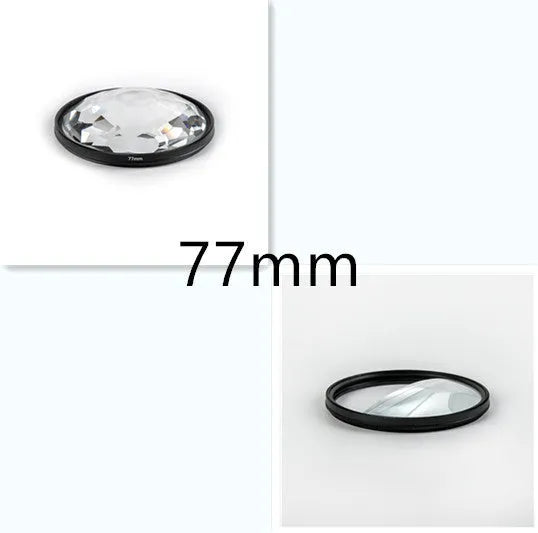 77mm rotatable half moon mirror split focus filter for SLR camera with cleaning cloth and storage bag.