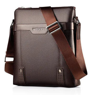 Men's medium black PU leather shoulder bag with zipper opening showing square vertical design