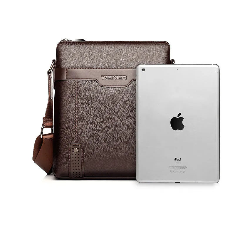 Men's medium black PU leather shoulder bag with zipper opening showing square vertical design
