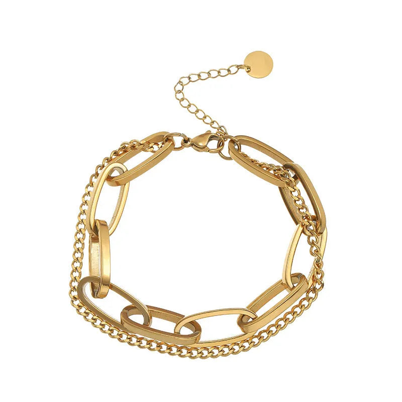 316L stainless steel double-layer chain bracelet in gold geometric design for women hip-hop style