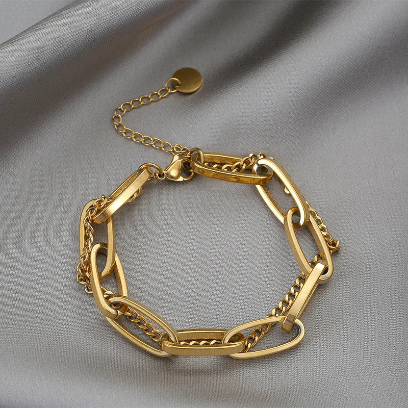 316L stainless steel double-layer chain bracelet in gold geometric design for women hip-hop style