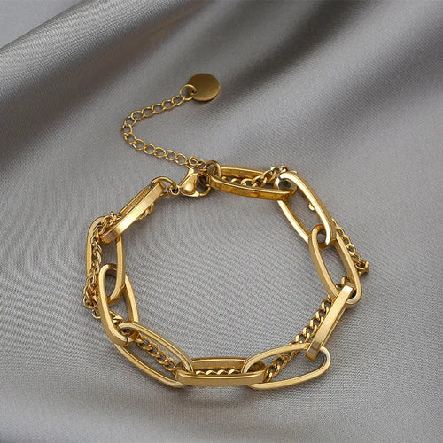 316L stainless steel double-layer chain bracelet in gold geometric design for women hip-hop style