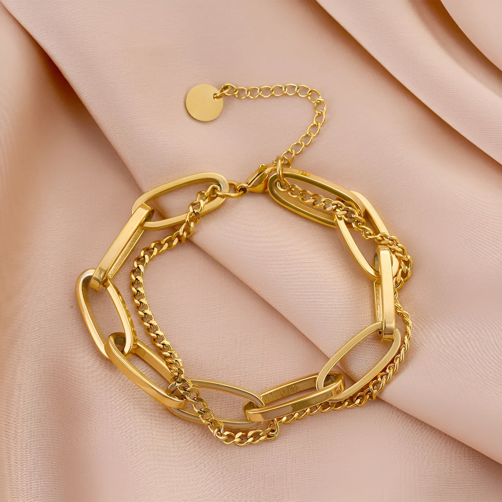 316L stainless steel double-layer chain bracelet in gold geometric design for women hip-hop style